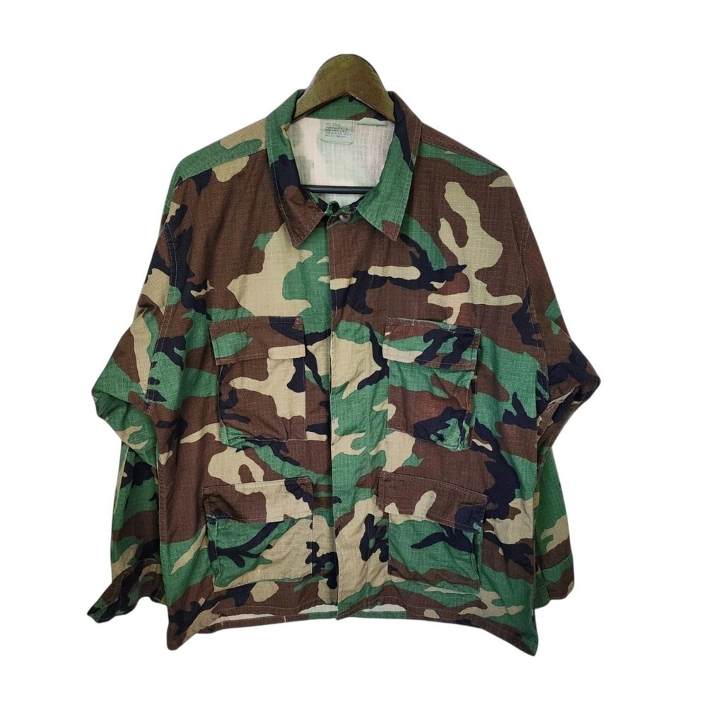 Vintage Woodland Camouflage BDU Field Shirt Jacket Military Style Utility Large